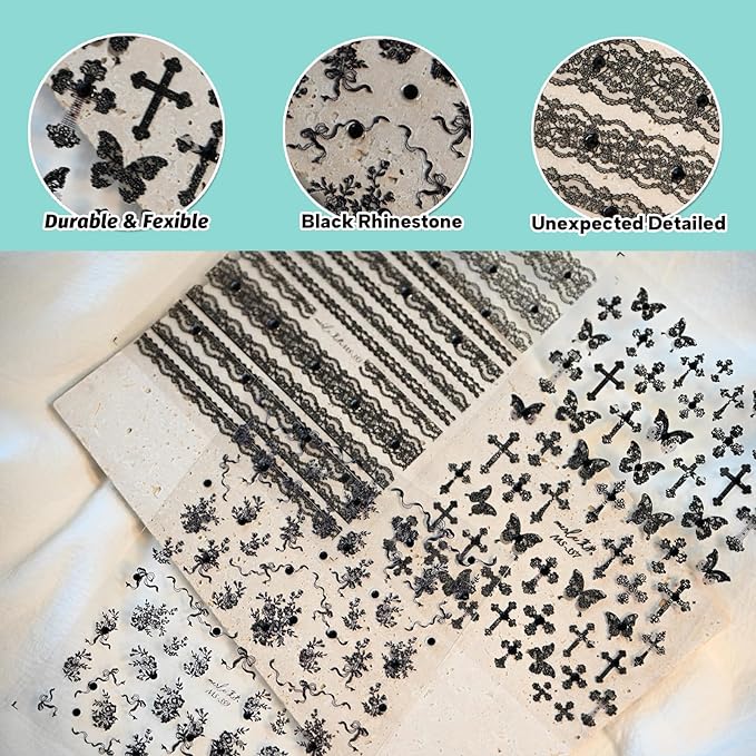 Black Lace Cross Nail Art Stickers Butterfly Totem Rhinestones Embossed Nail Decals Self-Adhesive Nail Accessories for Women Nail Art Supplies 3 Sheets