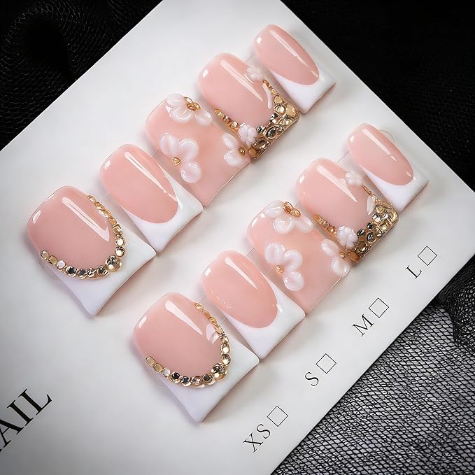 Duck Handmade Press on Nails Luxury 3D Flower & Rhinestone Fake Nails Muti-Layer Gel Acrylic Nail White French Tip False Nails with Design Full Cover Thicked Short Stick on Nail for Women (S)