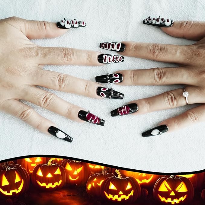 Long Coffin Press on Nails Y2K Edgy Dark Design - 3D Red Snake with Silver Metal Studs Charms Punk Goth False Nails, Reusable False Nails for Halloween, Parties (Snake Skin,S)