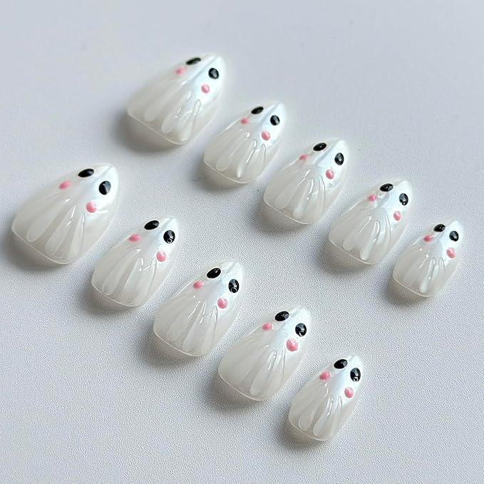 Halloween Press on Nails Medium Almond Handmade Nails 3D Unique Reusable ABS Material Luxury Fake Nails Chrome Cute Little Ghost False Nails with Designs Glossy Glue on Nails Thick Acrylic Nails(M)