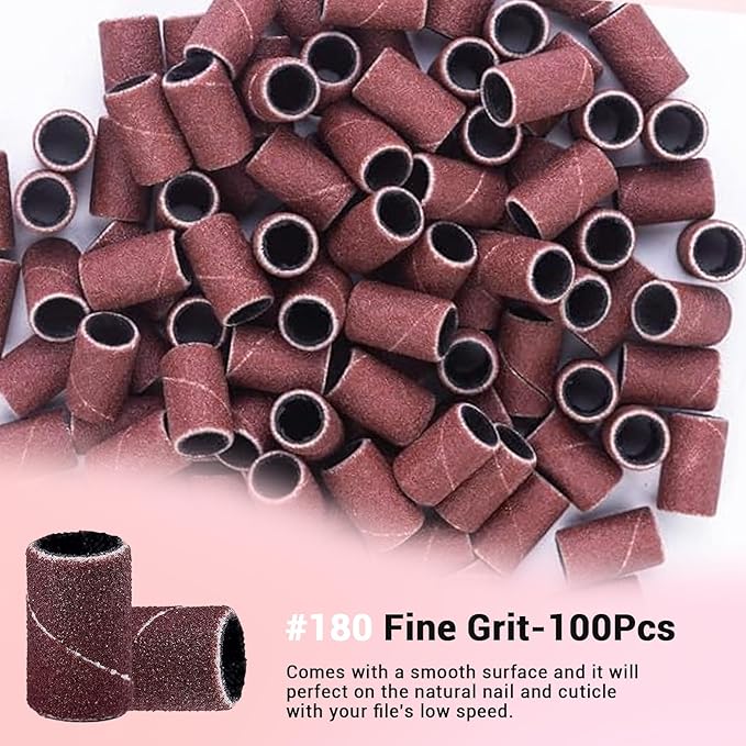 MelodySusie 100 Pcs Professional Sanding Bands Nail Manicure 180 Grit File Sand Piece Set For Nail Drill Bits
