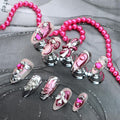 Silver Chrome Press on Nails Bow Fake Nails Star Glue on Nails Pure Hand-Painted Nail Liquid State with Design Pink Ombre Stick on Nail Medium Almond False Nail for Women Girls Exquisite Manicure (L)