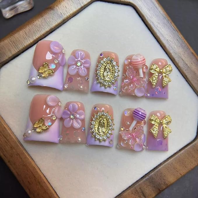 Duck Handmade Press on Nails Medium Square Fake Nails Purple French Tip False Nails with Glue 3D Flower and Charms Design Acrylic Nails Press Ons Sparkling Stick on Nail for Women 10Pcs(Size M)