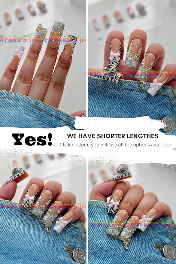 Euphrosyne 10pcs Coffin Nude Brown Press On Nails – Fake Nails with Rhinestones, Zebra Print & 3D Bows | Glam Stick-On Acrylic Nails with Big Charms for Bold Y2K or Party Look