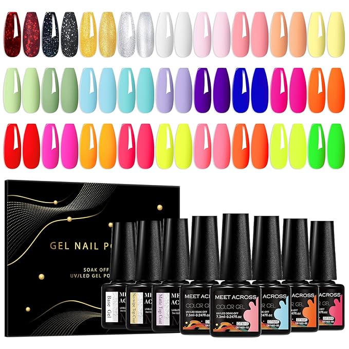 MEET ACROSS 27PCS Gel Nail Polish Set,27 Colors Gel Nail Kit Art Design Soak Off UV LED,Nail Art Design Gifts for Women