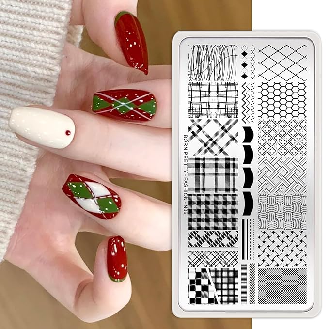 Born Pretty Nail Stamping Plates Set Nail Art Image Plates Plaid Flowers Leaves Geometric French Stamp Templates Kit Image Manicuring DIY Printing Tools 6PCS