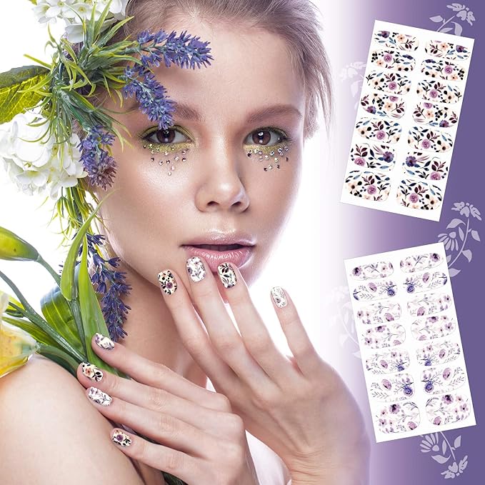 168 Pcs 12 Sheets Full Wraps Nail Polish Stickers Flower Print Self-Adhesive Nail Decal Strips with File Manicure Kits Colorful Flower Full Cover Decal Strips for Women DIY Decoration(Bright Style)