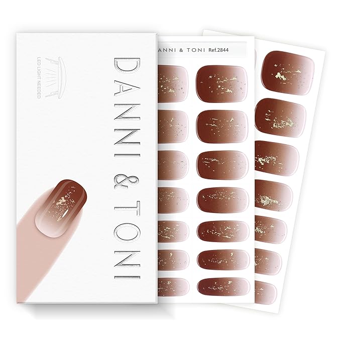 DANNI & TONI Semi Cured Gel Nail Strips Reddish Brown Gradient Gold Foil Gel Nail Wraps 28 Stickers | Golden Ember