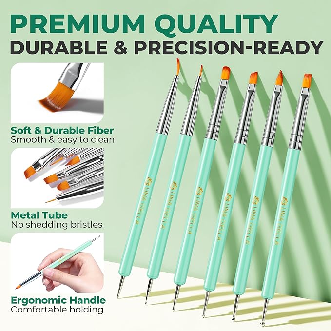 UNA GELLA Nail Art Pens 6PCS Green Color Acrylic Nail Art Design Brush Set with Gel Polish Liner Brushes Christmas Double-headed Nail Dotting Tools for DIY Home Salon Manicure Design Supplies