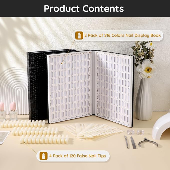 Segbeauty 2 Pack of 216 Colors Nail Gel Display Chart, Nail Polish Sample Showing Board with 480 False Tips, Leather Fingernail Color Display Book Nails Polish Organizer Nails Practicing Design Chart