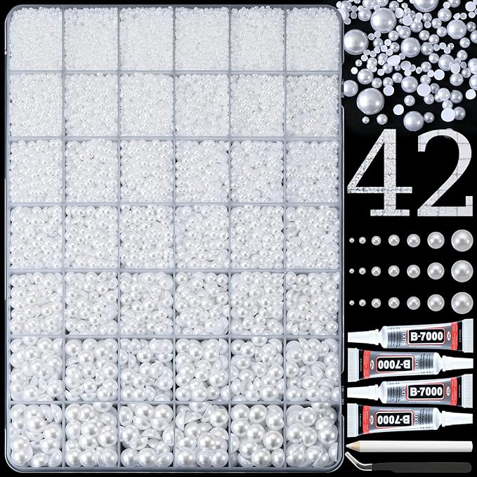 42000 Pcs Flat Back Pearls for Crafting with B7000 Glue White Half Pearls Beads for Jewelry Making Crafts Nails Clothes Shoes Hair Graduation Cap Decorations Cup DIY 2/3/4/5/6/8/10mm