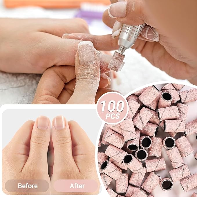 MelodySusie 100 Pcs Nail Drill Bits Sanding Bands for Nail Drill 180 Fine Grit Nail File Sanding Bands for Acrylic Nails Gel Manicures and Pedicure