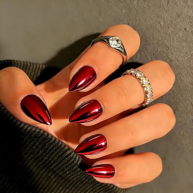 Chrome Press on Nails Short Almond, Metallic Red Fake Nails with a Sparkle Mirror Finish, Glitter Glue on Nails for Women Birthday Party, Thick Quality Soft Gel Nail Press ons 30 Pcs