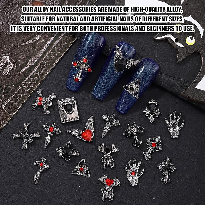 Halloween Nail Charms,60pcs Skeleton Skull Hand Cross Nail Gems with Rhinestones,Retro Gothic Metal Alloy Nail Art Jewelry Decoration for DIY Halloween Nail Design Crafts