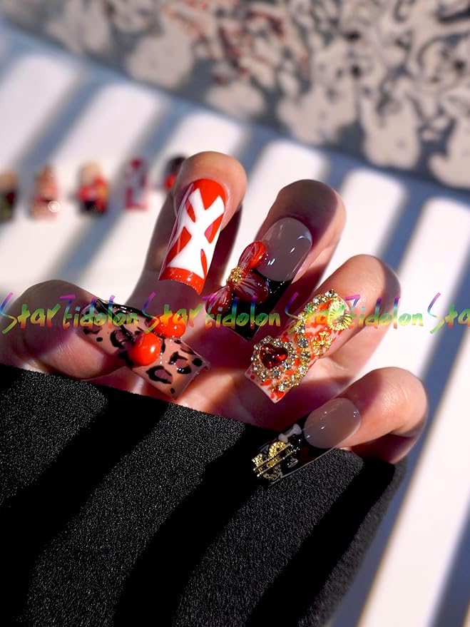 HAND-PAINTED White Press Ons Neon Small Press on Nails Long French Press on Nails Coffin Medium Short Nail art Fake Nail Art Kit with 7g Glue on Nails Handmade Almond Square Nails (Medium, J2)