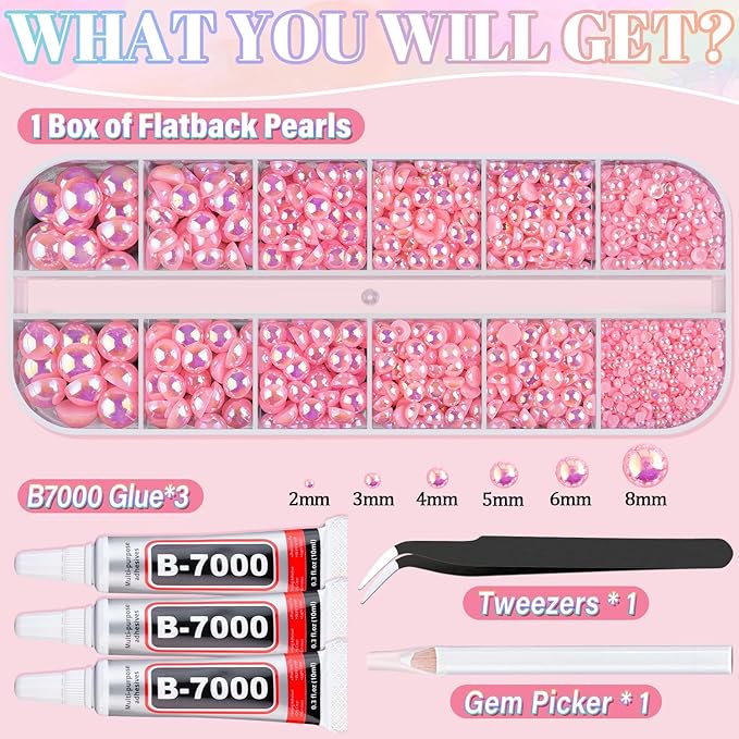 Flatback Pearls for Crafting with 3Pcs 10ml B7000 Jewelry Glue, 1 Box of Half Round Pink AB Pearls, Bedazzling Beads for DIY Crafts Clothing Tumblers Shoes Embellishment Nail Art