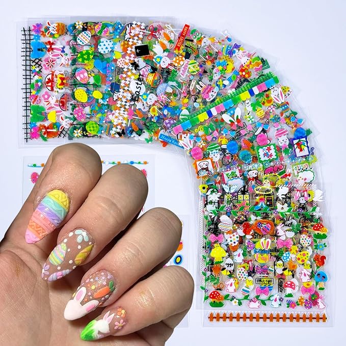 30 Sheets Easter Nail Stickers Cute Bow Chick Carrot Rabbit Nail Art Stickers Flower Tree Easter Egg Nail Decals 3D Self-Adhesive Cartoon Bunny Nail Art Decals for Women Holiday Nail Designs