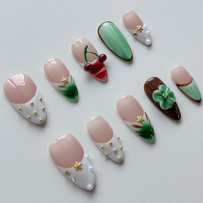 Luxury Press on Nails Medium Almond Handmade 3D Unique Reusable ABS Material Fake Nails French Tip False Nails with Designs Floral Cherry Rhinestones Pearls Glossy Glue on Nail Thick Acrylic Nail(S)