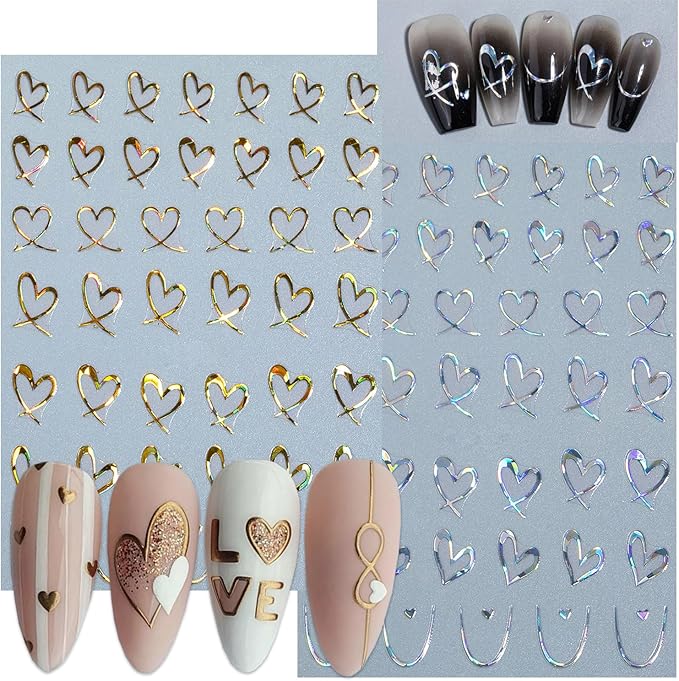 6Pcs Heart Nail Stickers for Nail Art Love Hearts Nail Decals Hollow Love 3D Nail Art French Sticker Self-Adhesive Slider Kawaii Heart-Shaped Manicure Decals Nail Tip for Women Valentine Gift