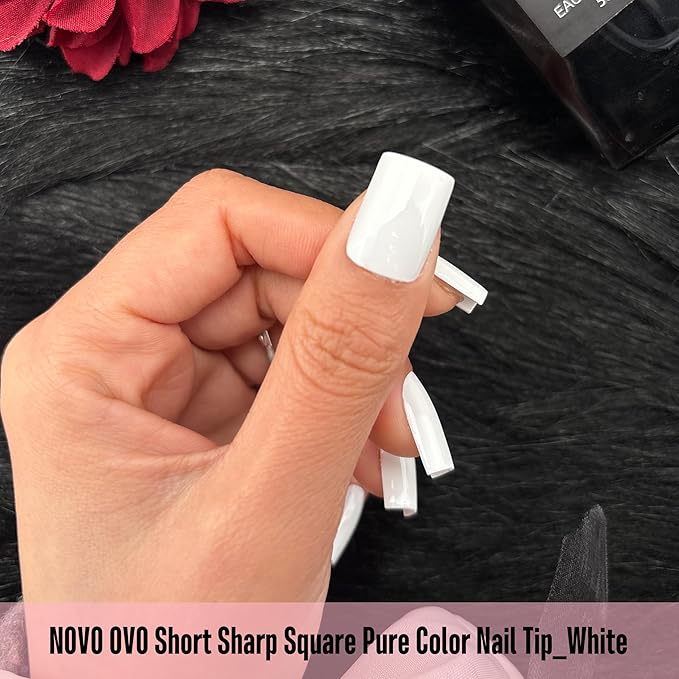 NOVO OVO Short Sharp Square Nail Tips Press on Pure Color White, Need Builder Gel Top Coat Nail Glue, Soft Gel Matte Fake Nail Extension, Full Cover False Nails for Salon DIY x 15 Sizes 180 pcs
