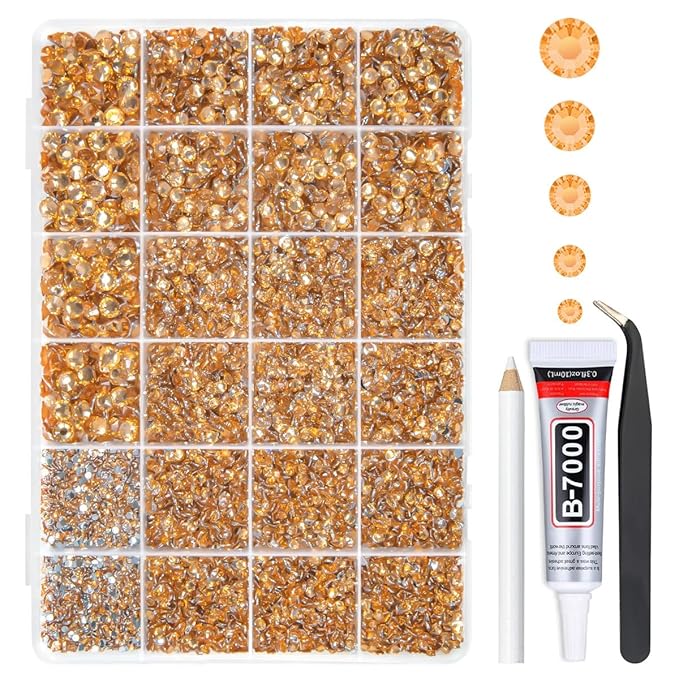 Caramel Golden Crystal Resin Rhinestones w B7000 Glue for Bedazzling Crafting 2mm-6mm Flatback Stones Diamonds Crystals Gems Bedazzler Kit for Nails Face Eyes Makeup Tumblers Bottles DIY Crafts