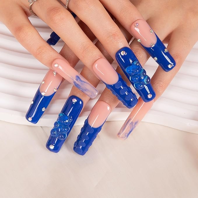 LOVFUL Press on Nails Little Blue Bear| Handmade with Full Covered Crystals| Reusable Fake Nails| Square Mid length 1.7in| H132-S