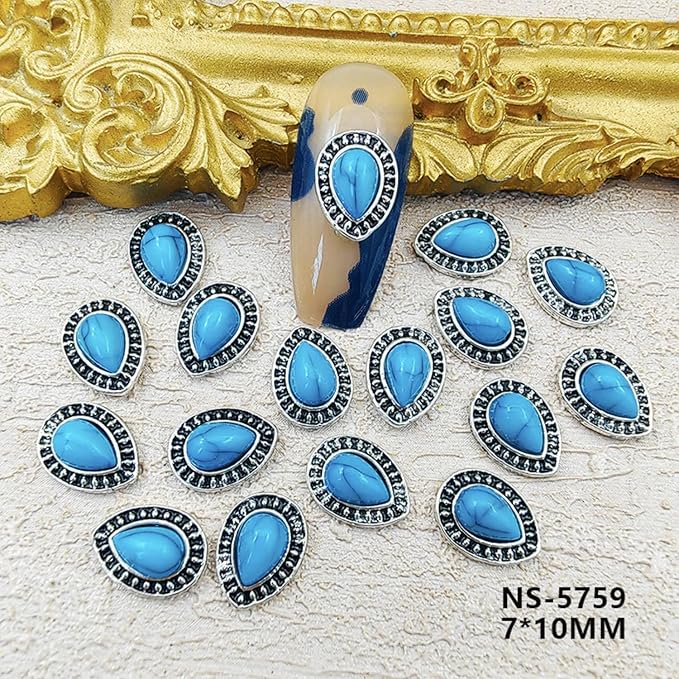 50pcs Western Nail Art Jewelry 3D Turquoise Jewelry Vintage Mixed Oval Blue Pink Marble Nail Art Jewelry for Nail Phone Case Halloween Wedding Party Decoration DIY