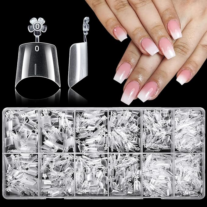 LoveOurHome 750pc French Coffin Nail Tips Clear Fake Nails Short Coffin Gel Nail Tips Half Cover Acrylic Nail Clear Short False Nail 15 Sizes Fingernail for Gel Nail Extension Press Nails
