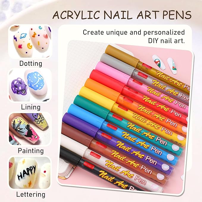 12 Colors Nail Art Pens Set,Nail Polish Pens for Painting Nails,Drawing Painting Dotting Liner Acrylic Nail Art Markers Kit,Waterproof Quick-Drying Nail Pens Manicure Tools for DIY Nail Art Design
