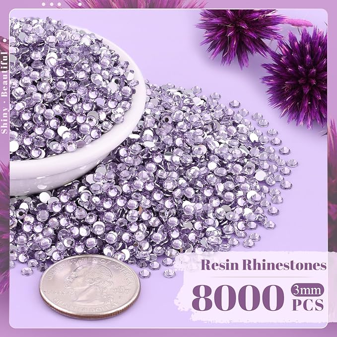 8000PCS 3mm Resin Rhinestones in Bulk (Light Purple), Bedazzling Flatback Crystals Rhinestones for Crafting DIY Nail Decoration, Gems Diomand Charms for Tumbler Shoes Clothing Fabric