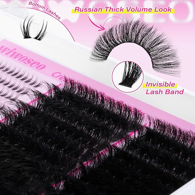 wiwoseo Fluffy Lash Clusters Kit with Bottom Lash Clusters Eyelash Extensions Kit 80D+100D Fluffy Eyelash Clusters 5-22mm Long Cluster Lashes Salon Lashes Clusters Kit with Clear Lash Bond and Seal