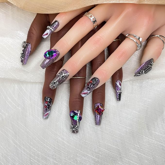 2025 Medium Handmade Nail Art Reusable PMMA Acrylic Press-on Nail Art Premium Purple Fake Nails with Spider Rhinestone Decoration Gifts for Women (Sequin Purple, Medium)