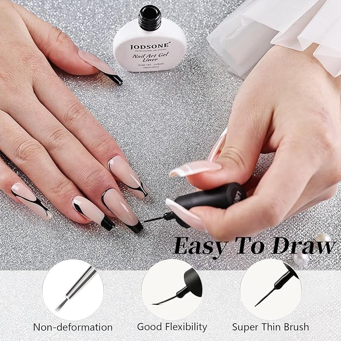 JODSONE Black Swirl Nail Art Liner Gel Polish,10ml Classic Color 3D Nail Art Pens Effect Nail Print Design with Thin Brush for French Tips Manicure Painting DIY at Home - LB01
