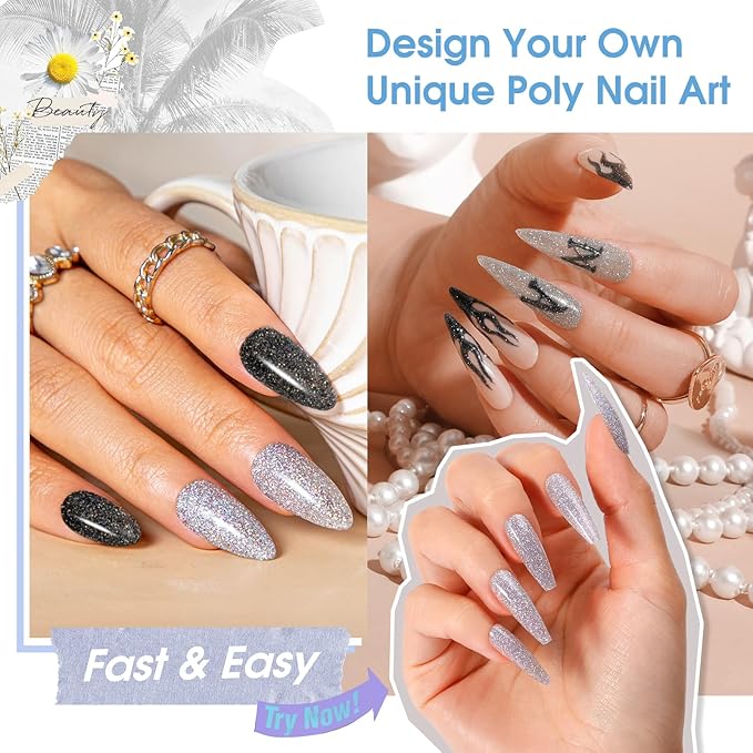 ROSALIND Glitter Black&Silver Extension Gel, 2 PCS 1oz/30ml Glitter Black Silver Poly Nail Gel kit Builder Diamond Gel for Nail Art, Nail Thickening Poly Nail Gel Tube Need UV Lamp