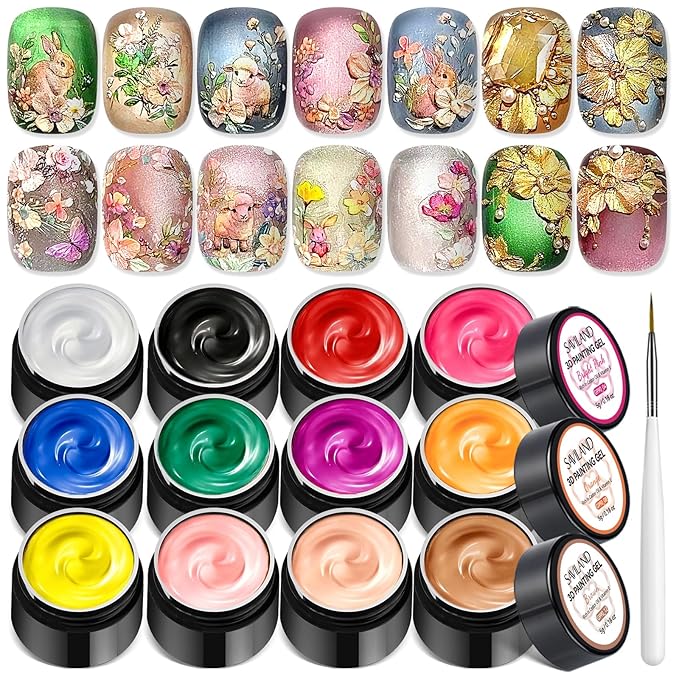 SAVILAND 3D Sculpting Gel for Nail Art: 12 Colors No Wipe Painting Sculpture Nail Gel with Brush Pen for Micro 3D Embossed Nails, Easy to Shape, Home DIY & Salon Manicure Supplies, 5g Each