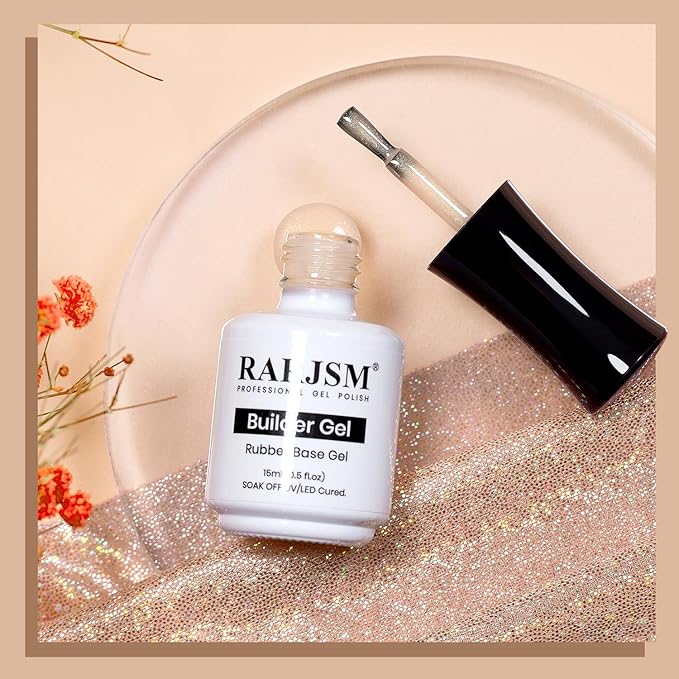 RARJSM Glitter Rubber Base Gel Nail Polish Nude Apricot Pink Rubber Base for Nails Gold Shimmer Brush on Quick Extend Builder Hard Gel Soak Off Curing Requires 15ml Salon Home French Manicure
