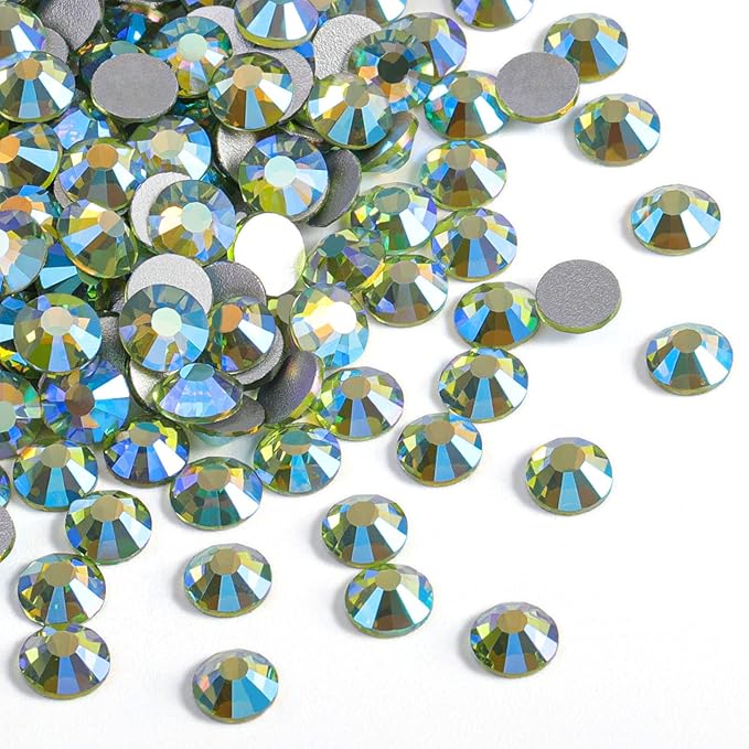 Beadsland Flat Back Crystal Rhinestones Round Gems for Nail Art and Craft Glue Fix, Peridot AB, 6.3-6.5mm, SS30/288pcs