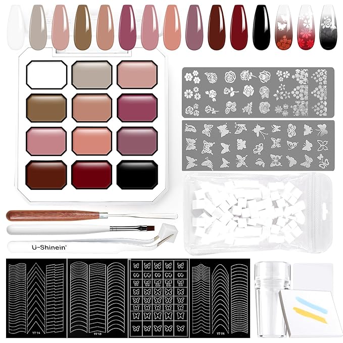 Gradient Gel Nail Set, 12 Nude Pink Color for Ombre White＆Black Nail Polish Platte Kit with 14* Nail Art Tools, Pigmented Pat Painting Gel French Manicure No-wipe Soak of UV DIY Art