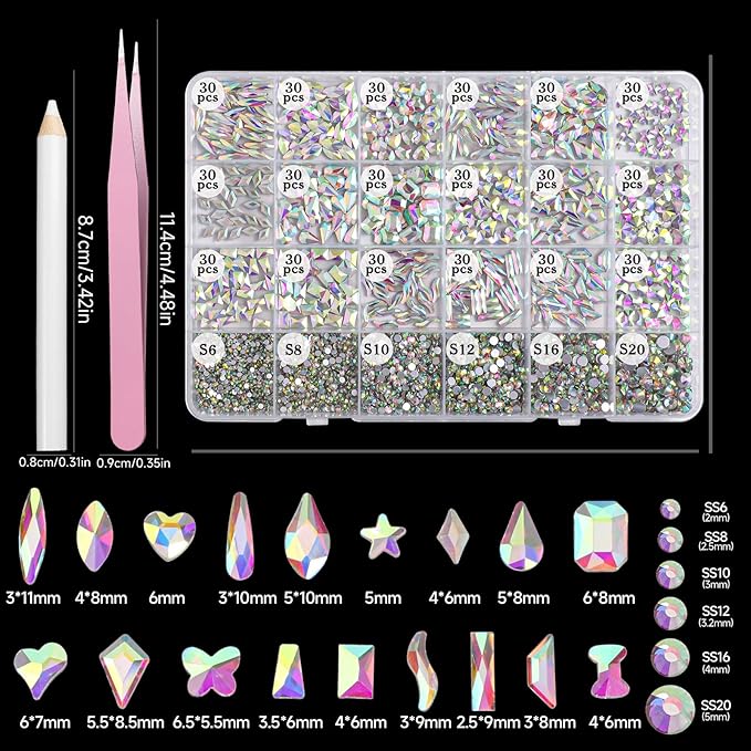 AB-Colors Flatback Nail Art Rhinestones Kit, Mix Crystal AB-Color Flatback Rhinestones Crystals Diamonds, Multi Shapes Glass Crystals Diamonds for Nail Art Design Crafts Clothes Shoes Jewelry