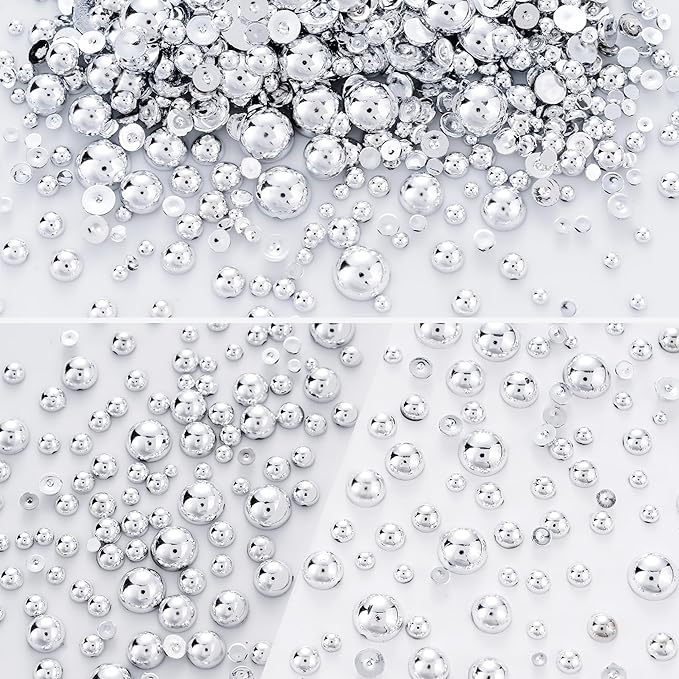 60g Silver AB Flatback Half Round Pearls Mixed Size 3-10mm Resin Craft Beads for Nail Art, Face Gems, DIY Jewelry Making