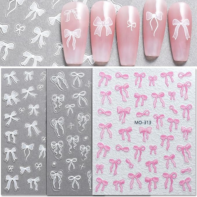 3 Sheets Bow Nail Sticker 3D Embossed Self-Adhesive Color Bow Art Nails Decals 5D Design Stickers Supplies for Women Girls Manicure Decoration 807-10