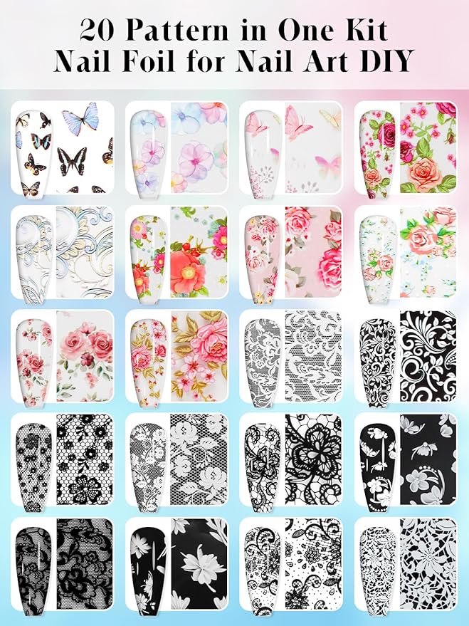 Kalolary 30ML Nail Foil Glue Gel with 20Pcs Foil Transfer Stickers Set, Starry Sky Lace Flower Transfer Stickers DIY Decoration for Salon or Home Use