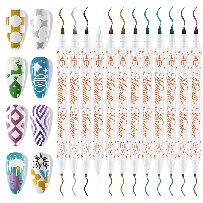 12 Color Double-Ended Nail Art Pens Set, EBANKU 3D Nail Polish Pens Quick Drying Acrylic Paint Nail Art Markers Drawing Painting Liner Nail DIY for Christmas Party
