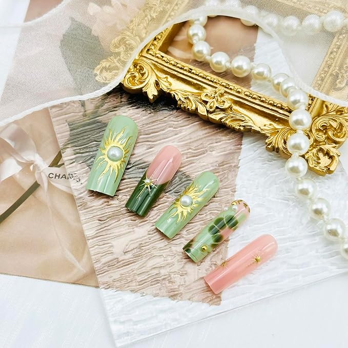 24pcs Green Press on Nails Medium Square French Tip Fake with 3d Gold Star Rhinestones Designs French Tip Artificial Glue on Nails Green Full Cover False Nails Nude Glossy Acrylic Nail decor for Women