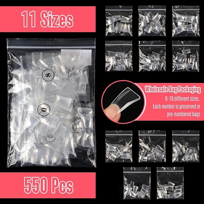NOVO OVO 550 pcs Transparent Clear Crystal Duck Feet Style Flare Nail Tips Y2K Vibe Half Cover C Curve Wide French False Nail Extension Tips Acrylic Nail 11 Sizes Bag Packaging for Art Salon