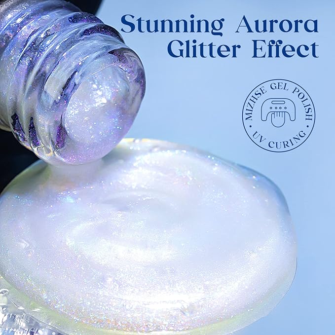 MIZHSE Pearl Sparkly Glitter Gel Nail Polish Blue Mermaid Aurora Shimmer Soak Off UV LED Nail Gel Polish For Nail Art Home DIY, 10mL 0.33 Fl oz