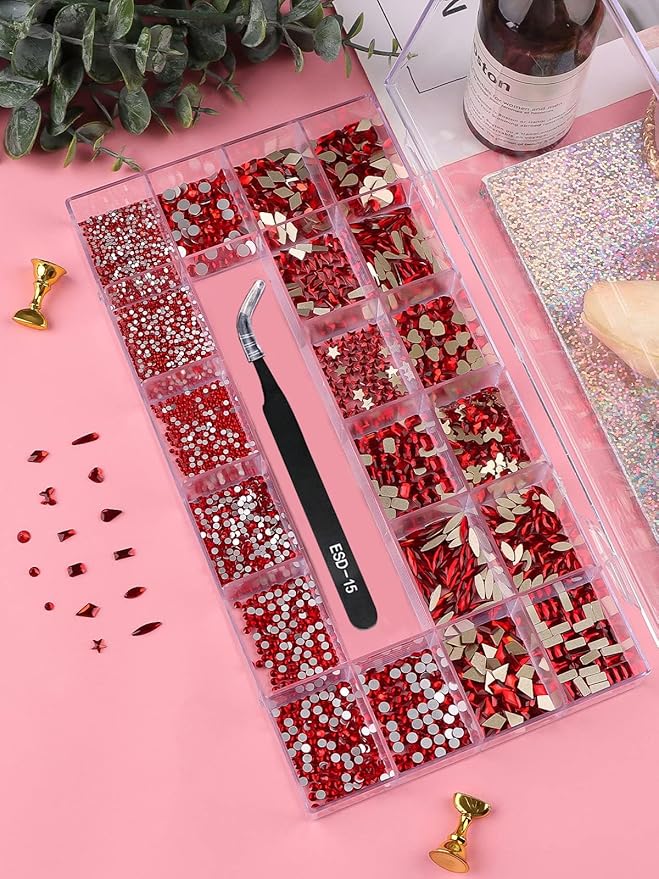 3100Pcs Red Rhinestones for Nails EBANKU Nail Art Rhinestones Kit Red Nail Crystal Rhinestones Mixed Shape with Rhinestone Picker Dotting Pen Tweezers for Valentine's Day DIY Nail Art Craft
