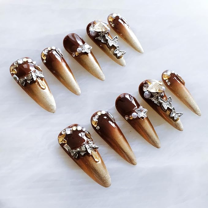 Luxury Long Stiletto Press-On Nails, Brown and Gold Stiletto with 3D Rhinestones and Pearls, Handmade False Nail 10 Pieces (Small, LS)