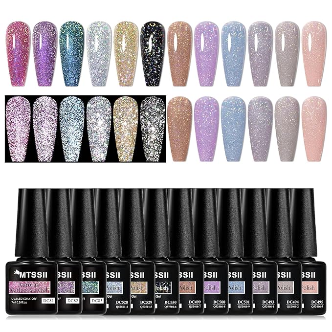 MTSSII Gel Polish Reflective Glitter Gel Nail Polish Set, 12 Colors Holographic Sparkle Glitter Gel, Flash Diamond Sliver Gold Black Red UV LED Soak Off Manicure Kit Gift for Women Girls