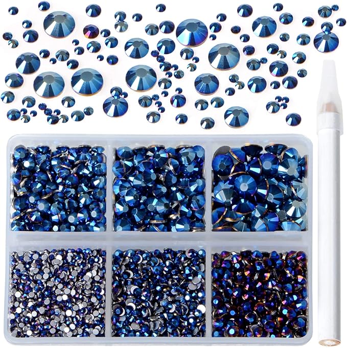 Bymitel 5000 Pieces 6 Mixed Sizes Glue Fix on Glass Rhinestones Round Crystal Gems Flatback for DIY Jewelry Making with one Picking Pen (6-Sizes 5000PCS, Mine Blue)